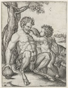 Pan mit Trinkbecher und Bacchus als Kind mit Trauben von Marcantonio Raimondi