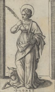 Heilige Agnes, die eine Palme in ihrer rechten Hand hält, ein Schaf unten links, ca. 1500-1527 von Marcantonio Raimondi