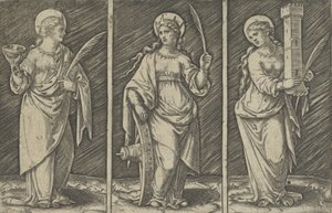Heilige Barbara links, Heilige Katharina Mitte, Heilige Lucia rechts, ca. 1500-1527 von Marcantonio Raimondi
