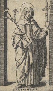 Heilige Katharina von Siena, stehend, Blumen und Buch in ihrer rechten Hand haltend, ca. 1500-1527 von Marcantonio Raimondi
