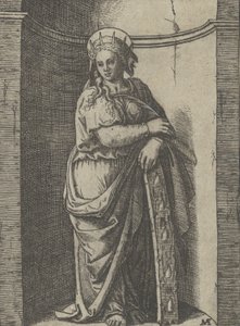Heilige Katharina, die in einer Nische steht und sich auf ein Rad stützt, ihr Folterinstrument von Marcantonio Raimondi