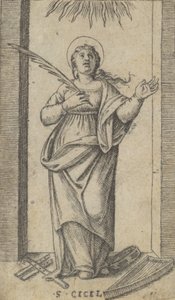 Heilige Cäcilia, stehend, hält eine Märtyrerpalme in ihrer rechten Hand von Marcantonio Raimondi