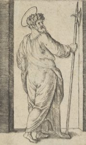 Heiliger Judas, der in seiner rechten Hand eine Hellebarde hält, aus der Serie 