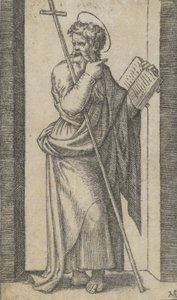 Heiliger Philippus, Buch in der linken Hand, Stab ruht auf dem linken Arm, aus der Serie..., ca. 1500-1527 von Marcantonio Raimondi