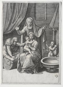 Die Jungfrau und die Wiege mit der Heiligen Elisabeth und der Heiligen Anna, 1520 von Marcantonio Raimondi