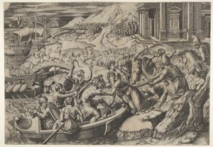 Die Entführung der Helena, Kampfszene an einem Ufer mit zwei Männern, die Helena in ein Boot ziehen, ca. 1520-27