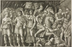 Trajan von der Siegesgöttin gekrönt von Marcantonio Raimondi