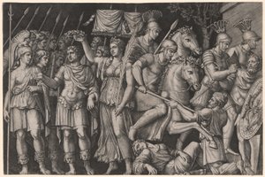 Trajan von der Siegesgöttin gekrönt von Marcantonio Raimondi
