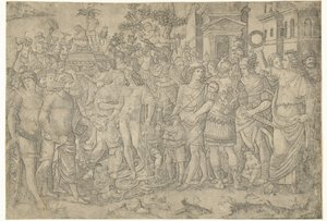 Triumphzug eines römischen Kaisers mit Soldaten und erbeuteten Rüstungen von Marcantonio Raimondi