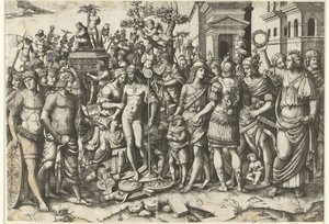Triumphzug eines römischen Kaisers mit Soldaten und erbeuteten Rüstungen von Marcantonio Raimondi