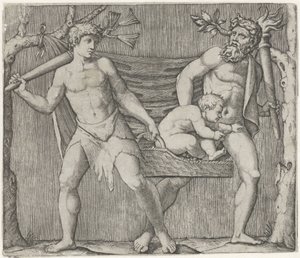Zwei Faune tragen ein Kind in einem Korb von Marcantonio Raimondi