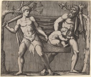 Zwei Faune tragen ein Kind von Marcantonio Raimondi