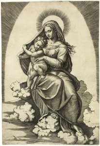 Jungfrau und Kind auf Wolken sitzend von Marcantonio Raimondi