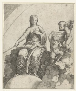 Frau mit Buch und Zepter als Personifikation der Philosophie, sitzend auf Wolken und die Füße ruhend auf einer Kugel, neben ihr zwei Putti von Marcantonio Raimondi