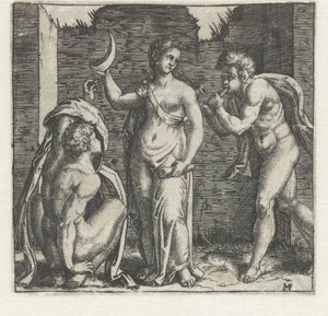 Frau mit Halbmond flankiert von einem Faun, der auf einem Horn bläst, und einem hockenden Mann von Marcantonio Raimondi