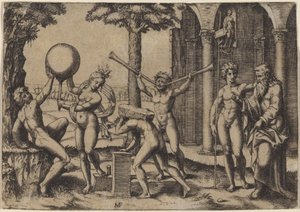 Der Mann mit zwei Trompeten von Marcantonio Raimondi after Baccio Bandinelli