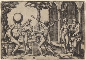 Der Mann mit zwei Trompeten von Marcantonio Raimondi after Baccio Bandinelli
