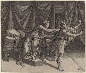 Joseph und Potiphars Frau von Marcantonio Raimondi after Raphael