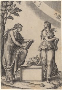 Zwei Frauen mit dem Tierkreis von Marcantonio Raimondi after Raphael