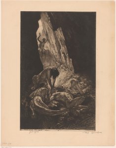 Innenraum einer dunklen Höhle mit Wesen, die einen nackten Mann verzehren