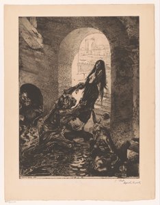 Monster greift eine Frau, die in der Tür steht