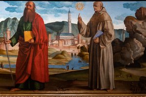 St. Franziskus empfängt die Stigmata unter St. Klara und Peter, der selige Bartolomeo von Breganze, und St. Paulus und Bernardino (Detail) von Marcello Fogolino
