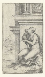 Frau mit Kind sitzt bei klassischem Gebäude von Marcello Fogolino