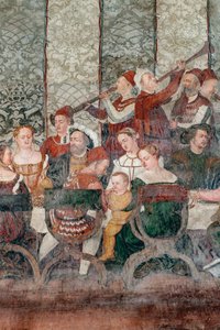 Bankett, Detail des Besuchs von Christian I. von Dänemark bei Bartolomeo Colleoni, Ehrensaal von Marcello or Romani Girolamo (Romanino) (c.1485 c.1566) (attr.to) Fogolino