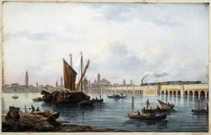 Die Brücke über die Lagune im „Album der Hauptansichten von Venedig“, gezeichnet von Marco Moro, ed. Gio Brizeghel, ca. 1840