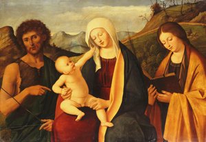 Die Madonna und das Kind, mit Johannes dem Täufer und einer weiblichen Heiligen von Marco Basaiti
