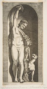 Ein Faun, der in einer Nische steht und eine Traube hochhält