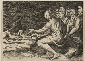Eine Gruppe von Figuren rechts, die einen Schiffbruch beobachten, ca. 1515-1527 von Marco Dente