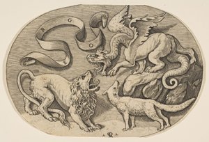 Ein Löwe, Drache und Fuchs kämpfen miteinander, eine beschriftete Banderole darüber, ein ovales