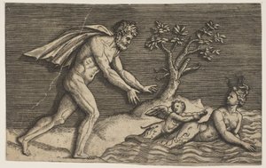 Ein nackter Mann verfolgt eine Najade und einen Amor ins Wasser, ca. 1515-27 von Marco Dente