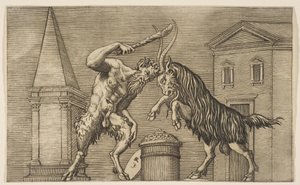 Ein Satyr und ein Widder greifen sich gegenseitig an, der Satyr schwingt einen Knüppel mit seiner rechten Hand, ca. 1515-27