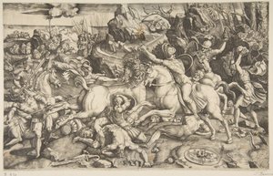 Kampfszene in einer Landschaft mit Soldaten zu Pferd und mehreren gefallenen Männern, ein weiterer..., ca. 1520 von Marco Dente