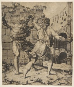 Entellus und Dares kämpfen vor klassischen Ruinen, 1520-25 von Marco Dente
