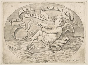 Eros flieht über das Meer, Amor benutzt seinen Bogen, um ein Boot aus seinem Köcher anzutreiben, ca. 1515-27