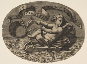 Eros flieht übers Meer und benutzt seinen Bogen, um ein Boot aus seinem Köcher mit einem Pfeil anzutreiben..., ca. 1515-27