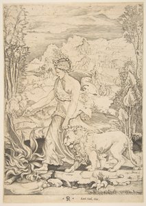 Tapferkeit im Profil, die nach links zu einem Feuer geht und einen angeleinten Löwen führt, ca. 1515-27 von Marco Dente