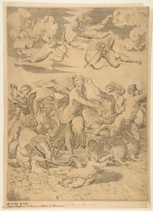 Galatea reitet in einer Muschel, gezogen von Delfinen, ein Amor darunter, ca. 1515-27 von Marco Dente