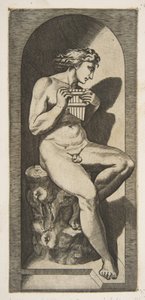 Olympus nackt, auf einem Baumstumpf sitzend und Pfeifen haltend, in einer Nische, ca. 1515-27 von Marco Dente