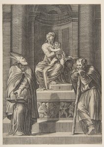 Heiliger Josef links und ein Bischof rechts vor dem Altar der Jungfrau..., ca. 1515-27 von Marco Dente