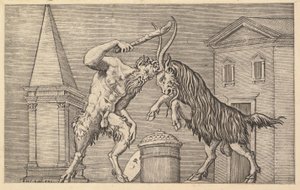 Speculum Romanae Magnificentiae: Ein Satyr und ein Widder im Kampf, 16. Jahrhundert von Marco Dente