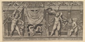 Speculum Romanae Magnificentiae: Basrelief mit drei Putten, 1519 von Marco Dente