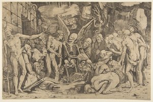 Die Skelette, eine Gruppe abgemagerter Männer und Frauen, die sich um ein Skelett versammeln