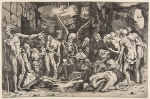 Die Skelette, eine Gruppe abgemagerter Männer und Frauen versammelt um ein Skelett..., 1515-27