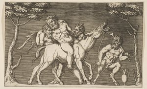 Zwei Satyrn setzen Silenus auf ein schreiendes Maultier und ein dritter Satyr rechts, ca. 1515-27 von Marco Dente