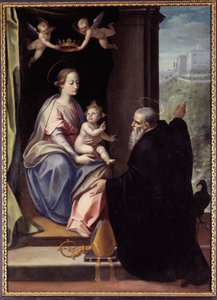 Der heilige Benedikt übergibt das Kloster Montecassino an Jesus und Maria, Gemälde von Marco Mazzaroppi von Marco Mazzaroppi