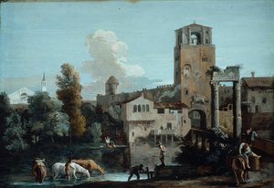 Ein Capriccio mit Pferden, die in einem Fluss vor einer ummauerten Stadt trinken von Marco Ricci